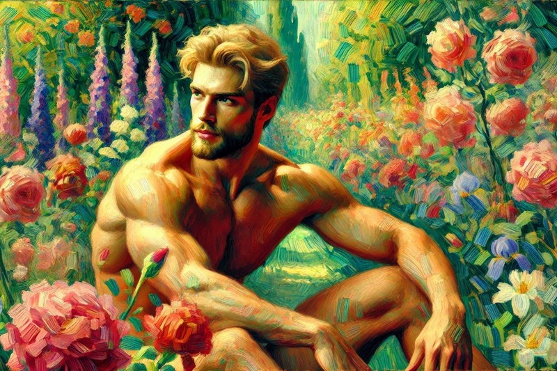 Original gay LGBTQ art giclée painting «Scott in the Garden 2» signed/numbered