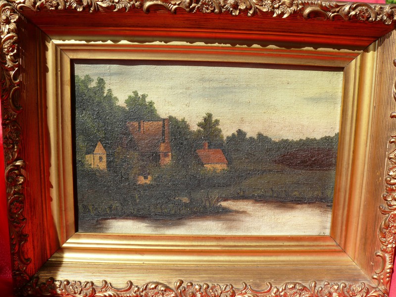 19th Century ‘1887’ Oil on Canvas By B.W. MANN Landscape Cottages On River Scene