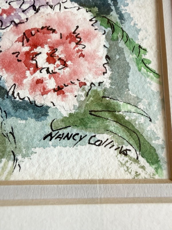 Original Nancy Collins Small Floral Watercolor Painting- Signed Framed & Matted gallery