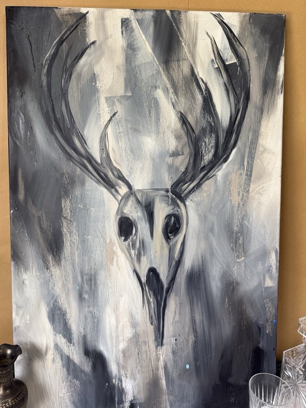 Large 36x24 Abstract Deer Skull Painting Black White Can. Modern Rustic Wall Art gallery