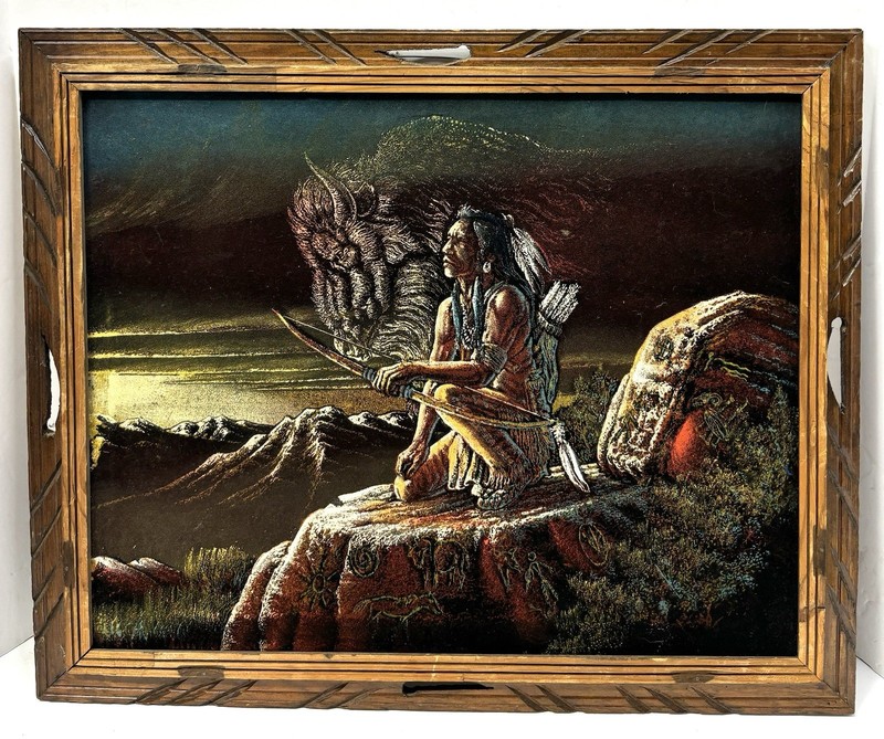 Vintage Native American Indian Bison Painting on Velvet in Frame Mexico Unsigned