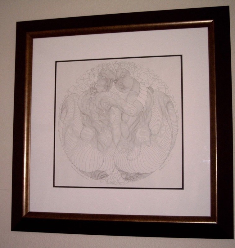 Azoulay, “Gemini” Original Ink and Pen Drawing 31X31 in Custom Frame