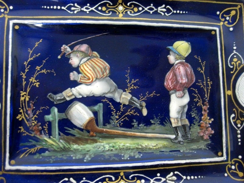 ANTIQUE ENAMEL ON COPPER EQUESTRIAN JOCKEYS JUMPING FENCE ~COBALT BLUE H/PAINTED