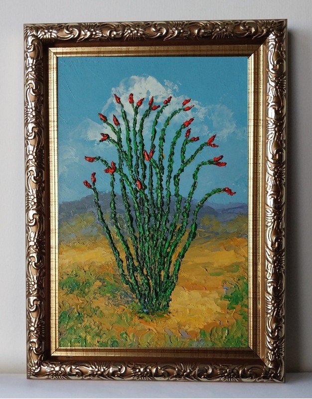 Framed Ocotillo Desert Anza-Borrego Landscape 4×6” Impasto Oil Painting Original