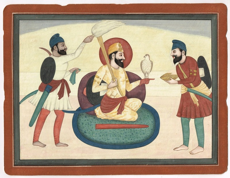 Sikh Miniature Painting Of Sri Guru Gobind Singh With Two Warriors & His Falcon