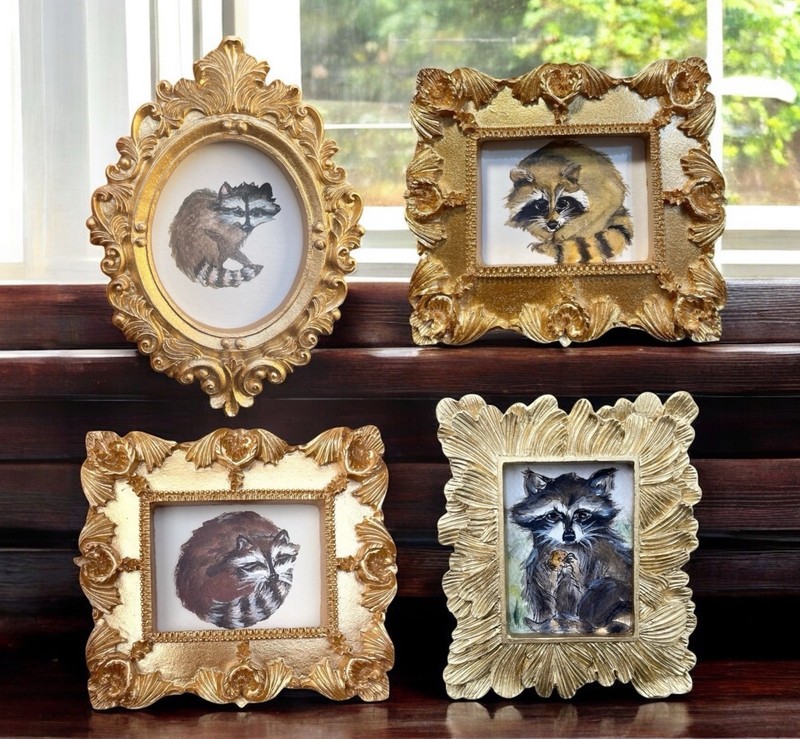 Set of 4 Raccoon watercolor prints in mini gold vintage style ornate frame