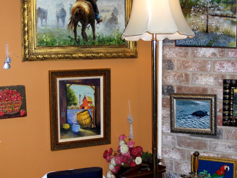 Bluebonnets Blooming Tree Barns Barrel Tool Waterwheel Bird Sky oil cnv Painting gallery