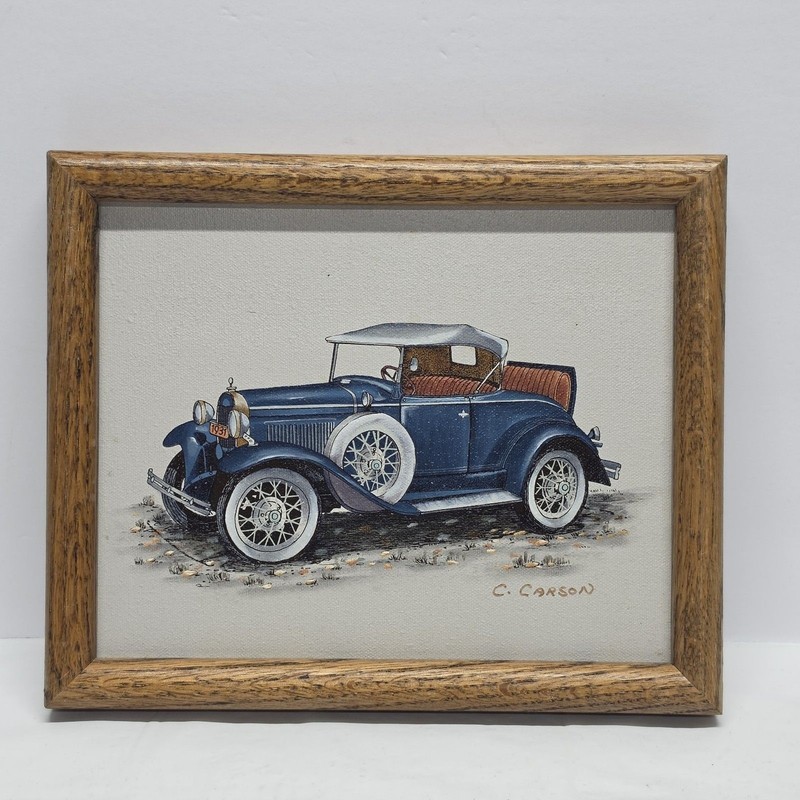 C. CARSON OIL PAINTING Serigraph On Canvas Old Ford 1931 Model A Blue Car Retro