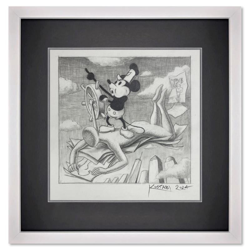 Mark Kostabi «Hooking a Big One» Framed Original Art Hand Signed
