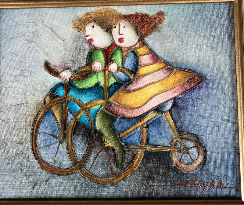 Joyce Roybal Signed Original Oil Painting Kids on bike w/Unicycle 8x10 + Frame gallery