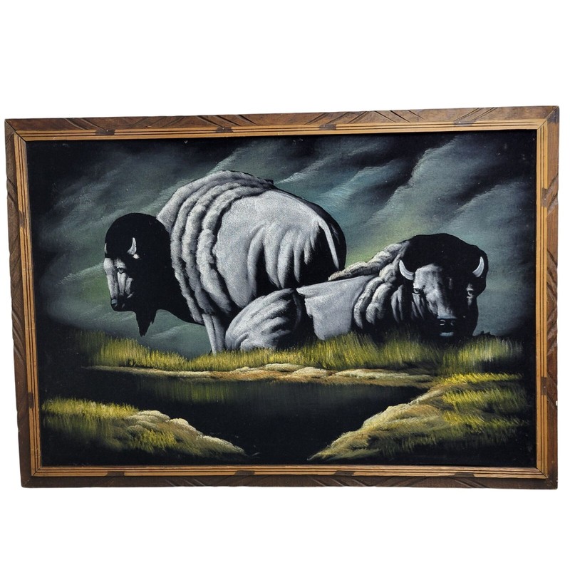 Vintage MCM Framed Velvet Painting Of Two Bison or Buffalo 38.5″ x 26.75″