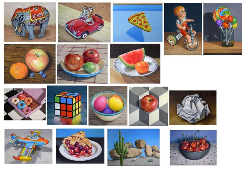 Original Oil Painting Nectarine & Limes on Decorated Cloth still Life 6 x 6 NEW gallery
