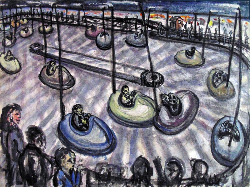 BUMPING CARS -Original Arthur Robins Oil Painting NYC Art Manhattan CONEY ISLAND