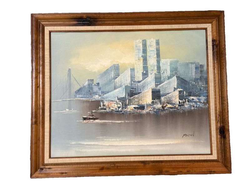 New York Cityscape Twin Towers Signed Melton Oil On Canvas Wood Frame 21” X 24”