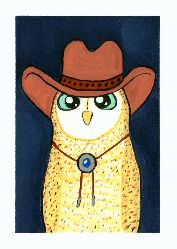 ACEO Original Owl Bird Hat Cowboy Cute Miniature Painting Art OneCraftyLady