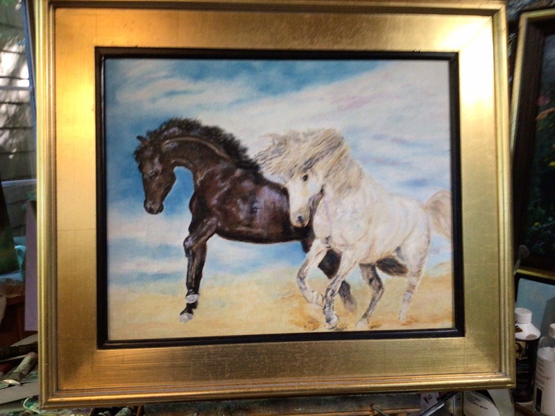 dark and light horses oil painting