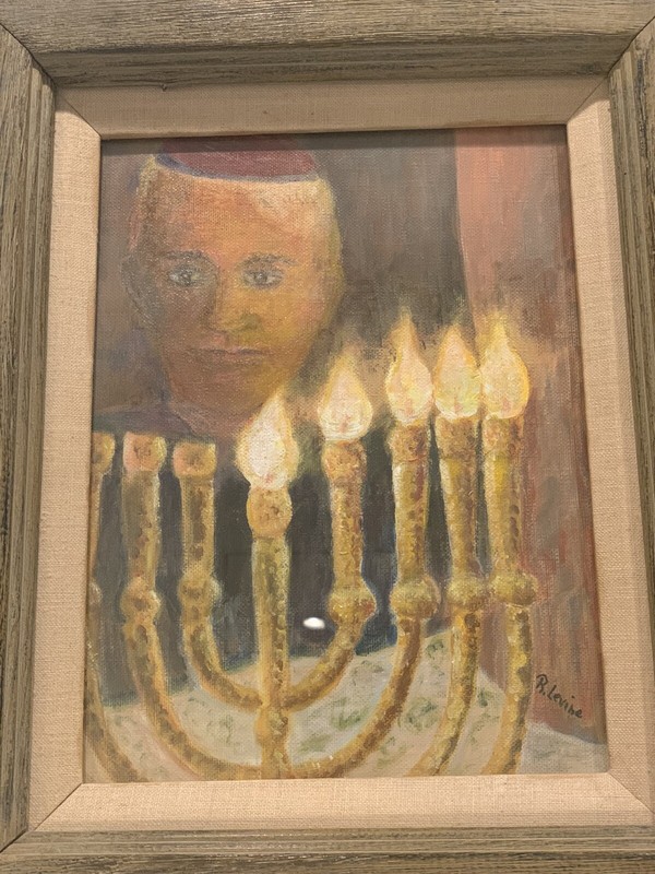 VINTAGE Jewish Man Menorah Yamaka Portrait OOC Oil Painting 14.75”x18” Framed gallery