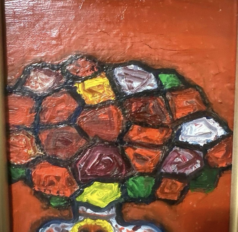 Original Impasto Oil Painting Colorful Floral Still Life Folk Art Signed TANAKA