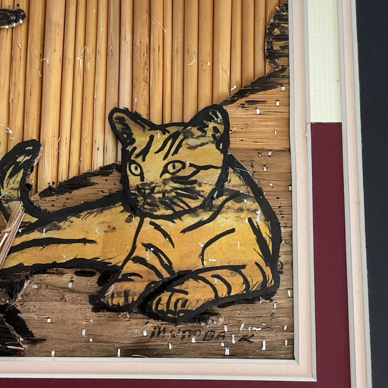Vintage African Dry Banana Leaf Artwork Zambia Tiger Scene With Certification gallery