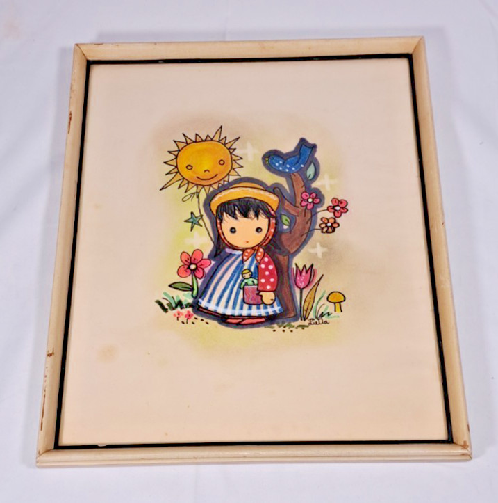 VTG Painting Cartoon Girl With Ballon, Doll , Tree Signed