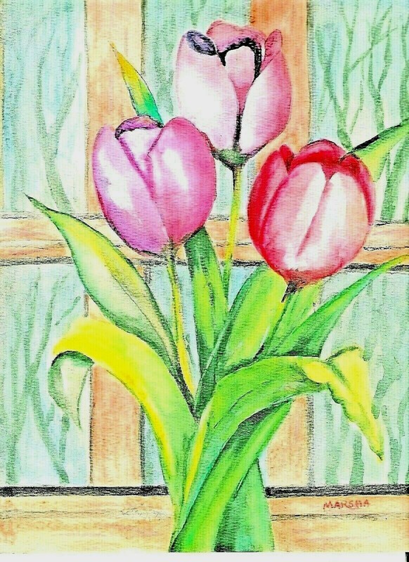 ART PAINTING WATERCOLOR WINDOW BOX TULIP FLORAL FLOWERS PINK PURPLE RED GREEN