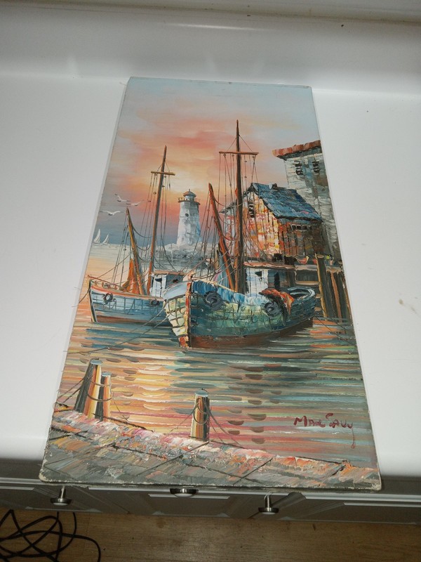 Vtg Oil Painting Boat Ship Harbor Sea Scene On Canvas Signed Waterfront 9×10