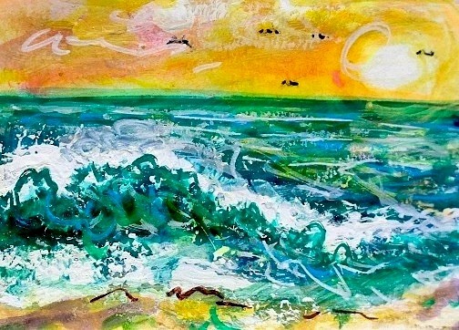 ORIGINAL ACEO Painting OCEAN Beach Waves Birds Sunset Summer Shore Sea ATC ART