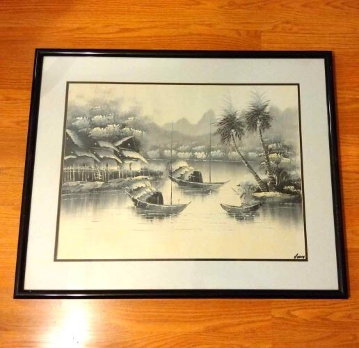 Signed Original Asian 30″x 25″ Monochrome Nautical Painting Framed Matted