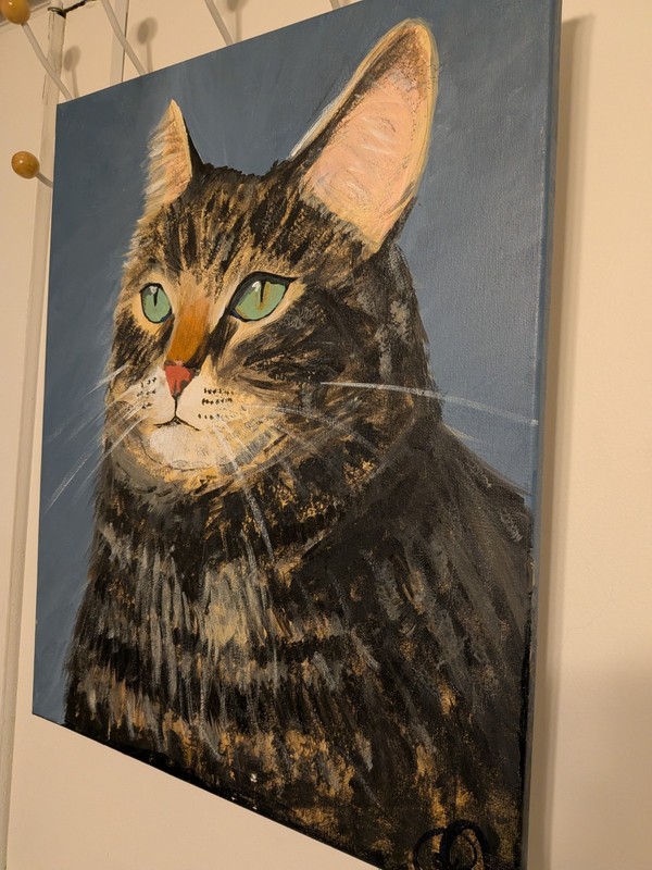 Unframed Original Cat Portrait Painting on Canvas. Signed. Gray Tabby Green eyes gallery