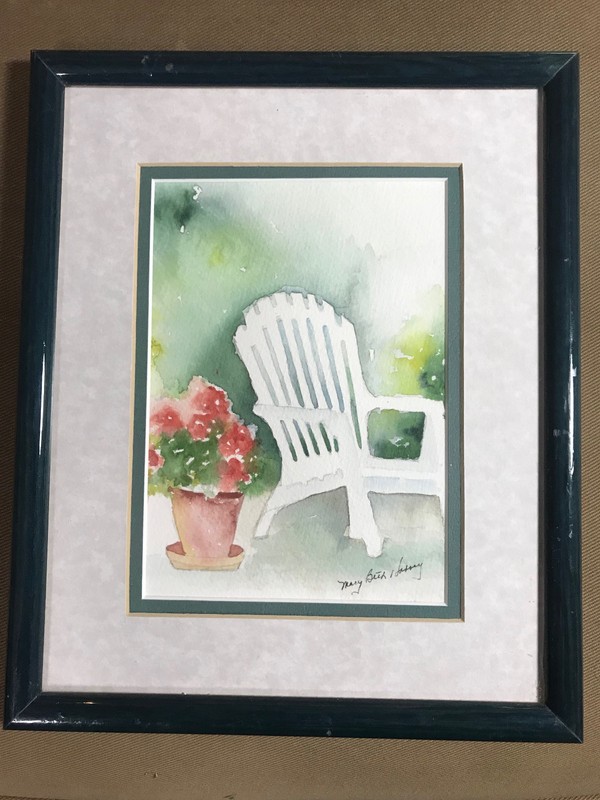 Mary Beth Harvey? «Chair And Flower Pot» Watercolor Painting – Signed And Framed