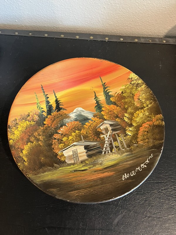 Vintage Landscape Cabin in Mountains Oil Painting on Copper Bowl 12″ Signed