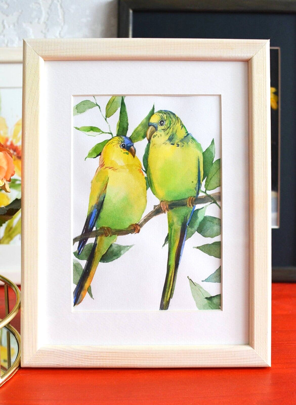 Green Budgerigars Original Watercolor Painting Modern Art 8″x6″ Green Bird
