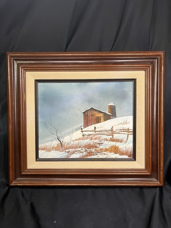 VINTAGE OIL ON WOOD FRAMED WINTER BARN SCENE PAINTING FRAMED