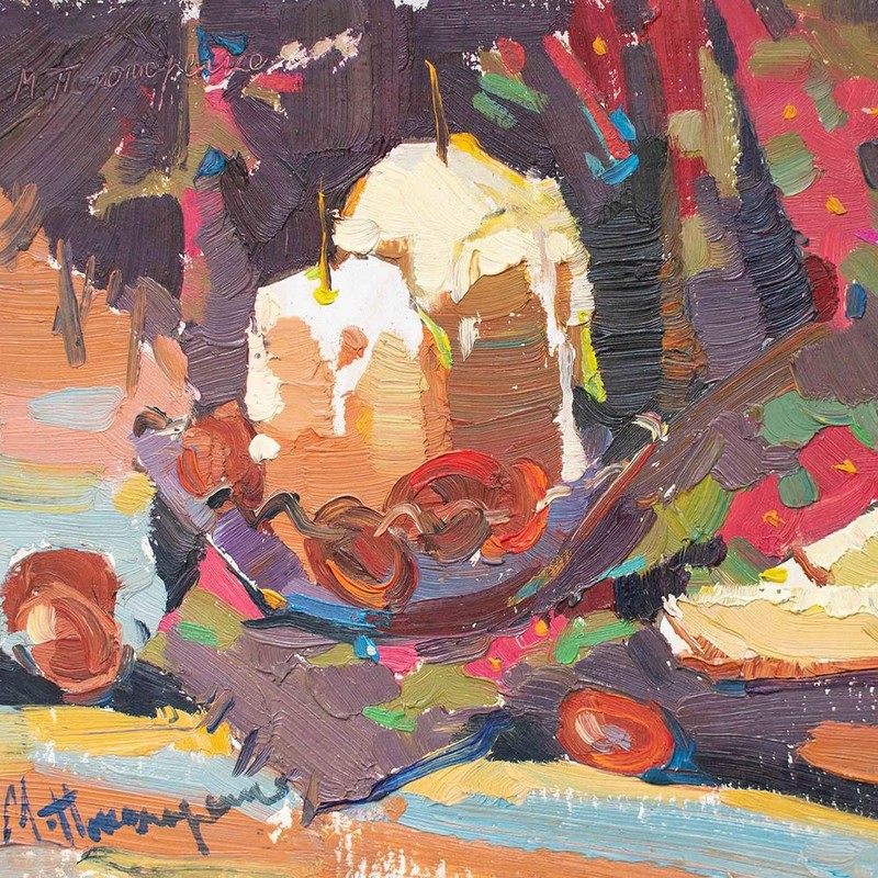 Still Life with Candles Contemporary Ponomarenko Signed Oil on Cardboard Post 2000
