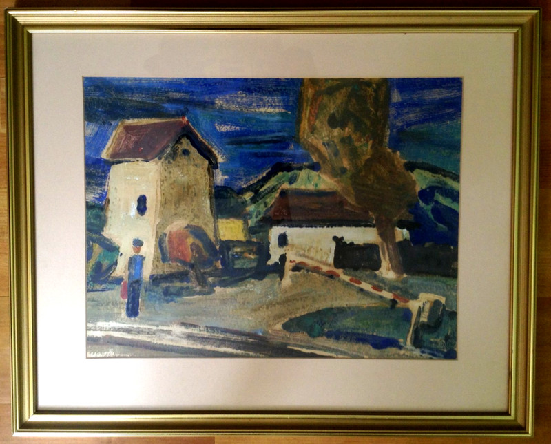 Guache Painting Framed Blue Railway Train Expressionist Modern Barabas Hungary