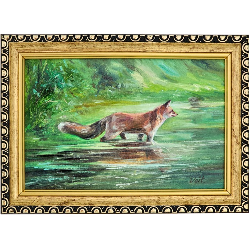 Original Oil Painting Fox Drinking Water Forest Scene 4×6 Framed Wildlife Art