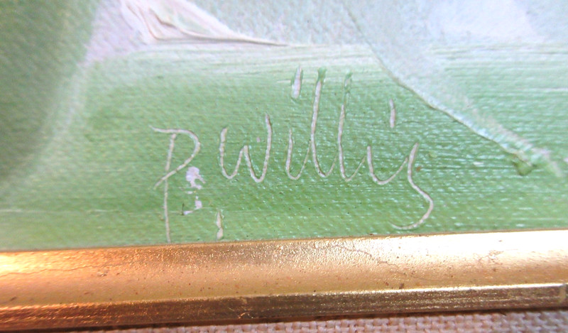 FRAMED~GOLD PAINTED BAMBOO~OIL ON CANVAS PAINTING OF SUNFLOWERS SIGNED P. WILLIS gallery