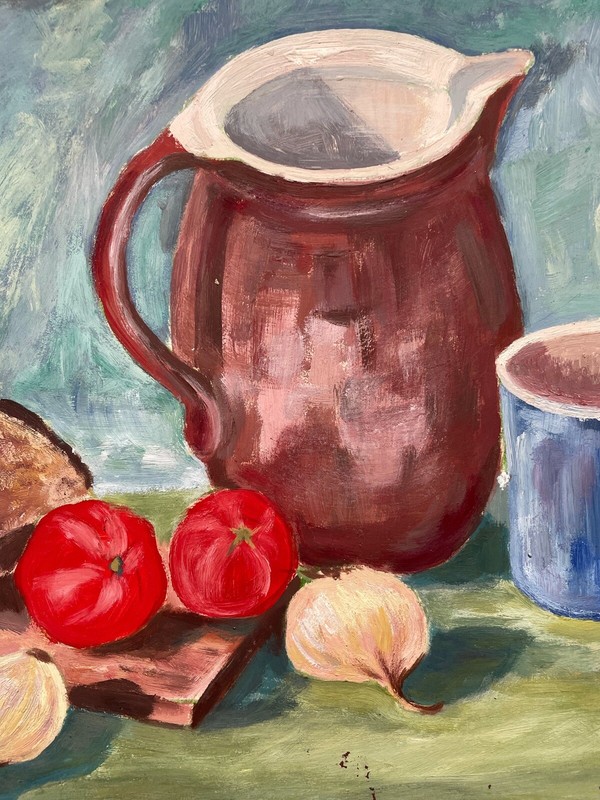 Realism Kitchen Still Life Milk Jug Blue Coffee Cup Bread Tomatoes Onions gallery