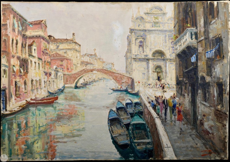 Vintage Luigi Pagan Impressionist Cityscape Oil on Canvas "Venetian Canal Scene"