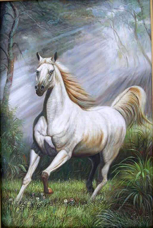Art Oil painting white horse running in forest landscape in sunrise canvas 36″