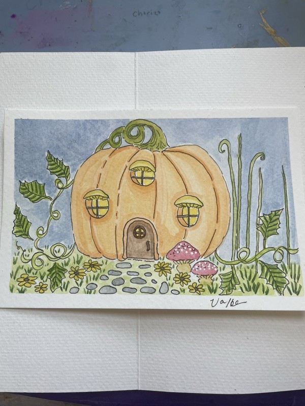 OOAK Pumpkin Cottage House Floral Garden Watercolor Painting Signed Unframed