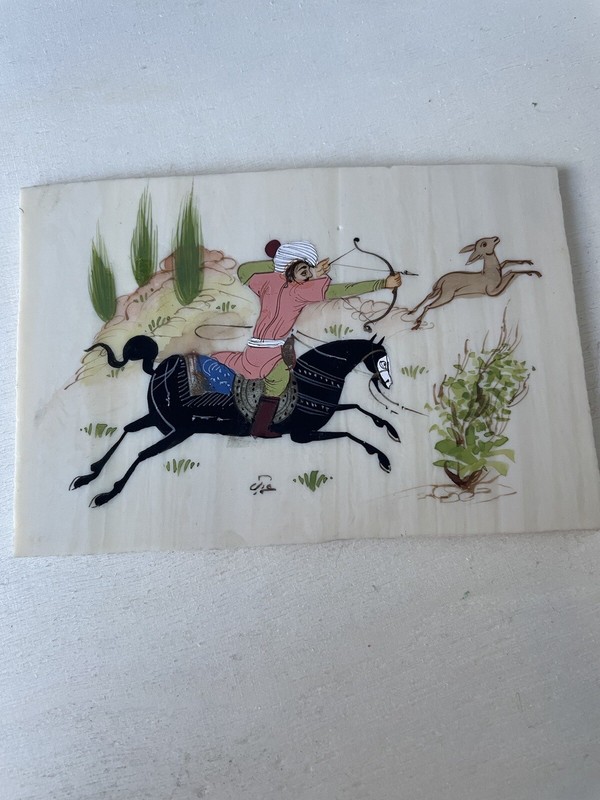 Original Israel/Persian? Signed Hand Painted On Plastic Hunting-Scene