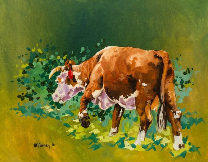 Impressionistic and Colorful Bull Painting on Canvas, by McAloney, 2006