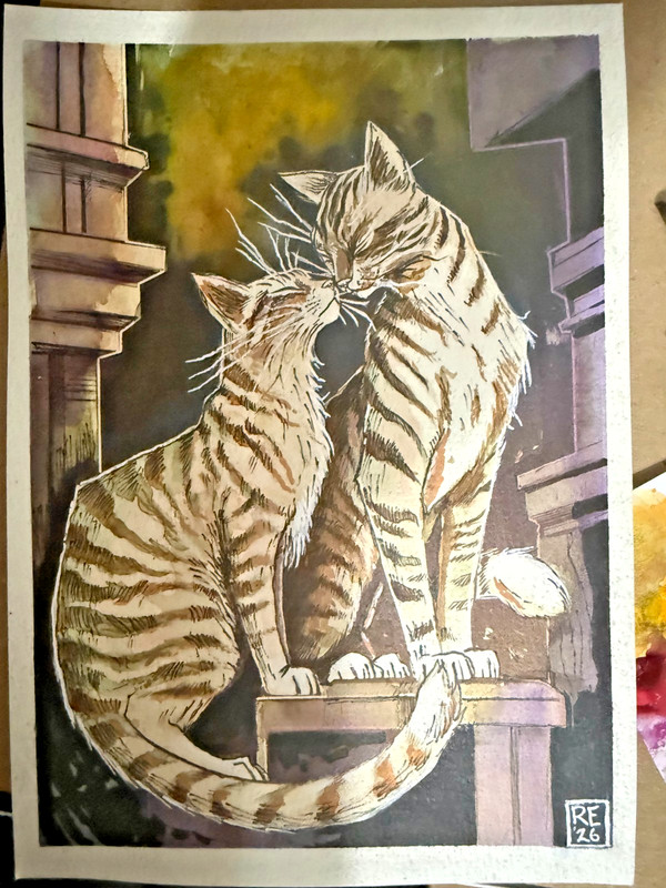 Original 7×10 Watercolor Ink Two Tabby Cats Love Art Roger Ealth 2026