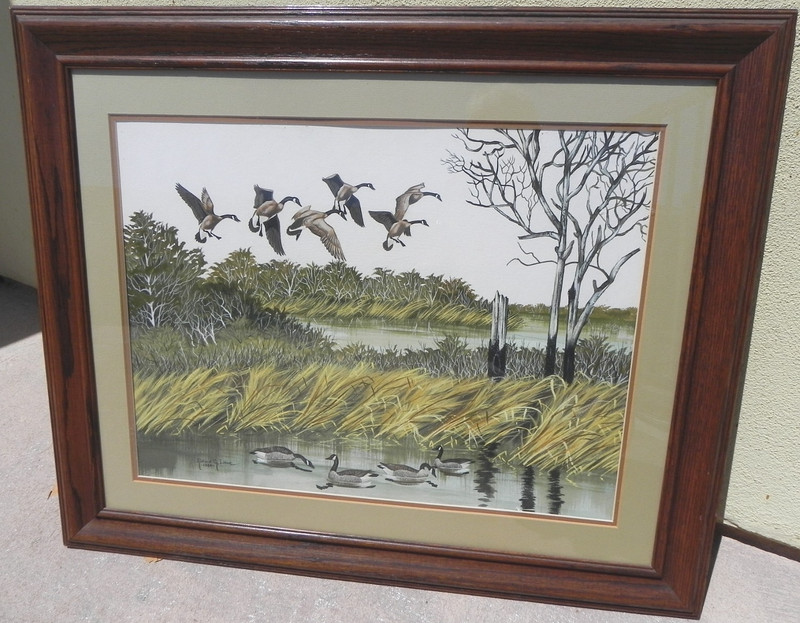 Wildlife art watercolor painting geese over marsh by artist Richard G. Lowe 1984