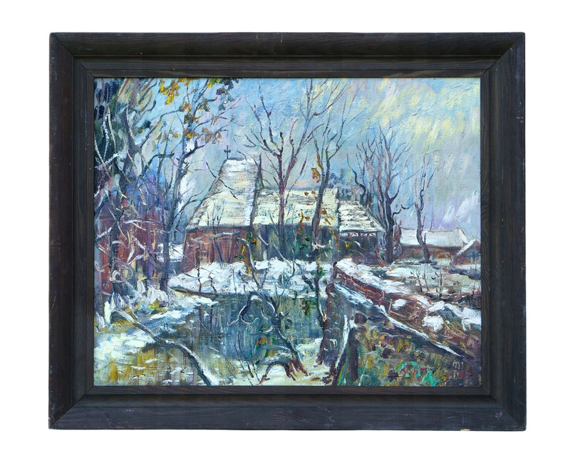 Oil Painting by Jerzy Kaplanski (1949–2023) Winter River House Framed OOAK