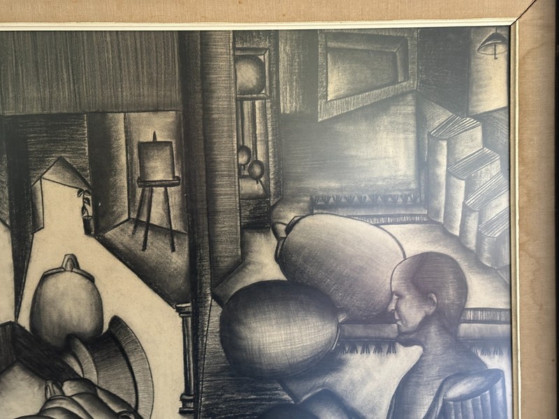 WPA Cubist Abstract Charcoal Drawing Artist Signed gallery