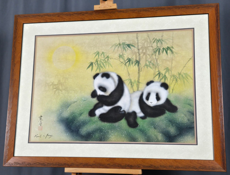 Karl J. Feng "Pandas" bear original watercolor painting signed w card 25" x 17" gallery