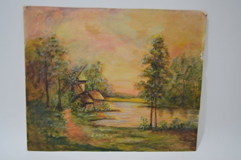 Landscape Windmill Waterfront Evening Sky ORIGINAL PAINTING Signed 1954 on Paper gallery