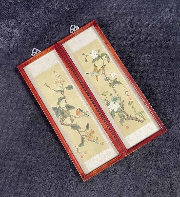 Mid Century Japanese Hand Painted Bird Scenes Silk Framed Wall Art Paintings (2)